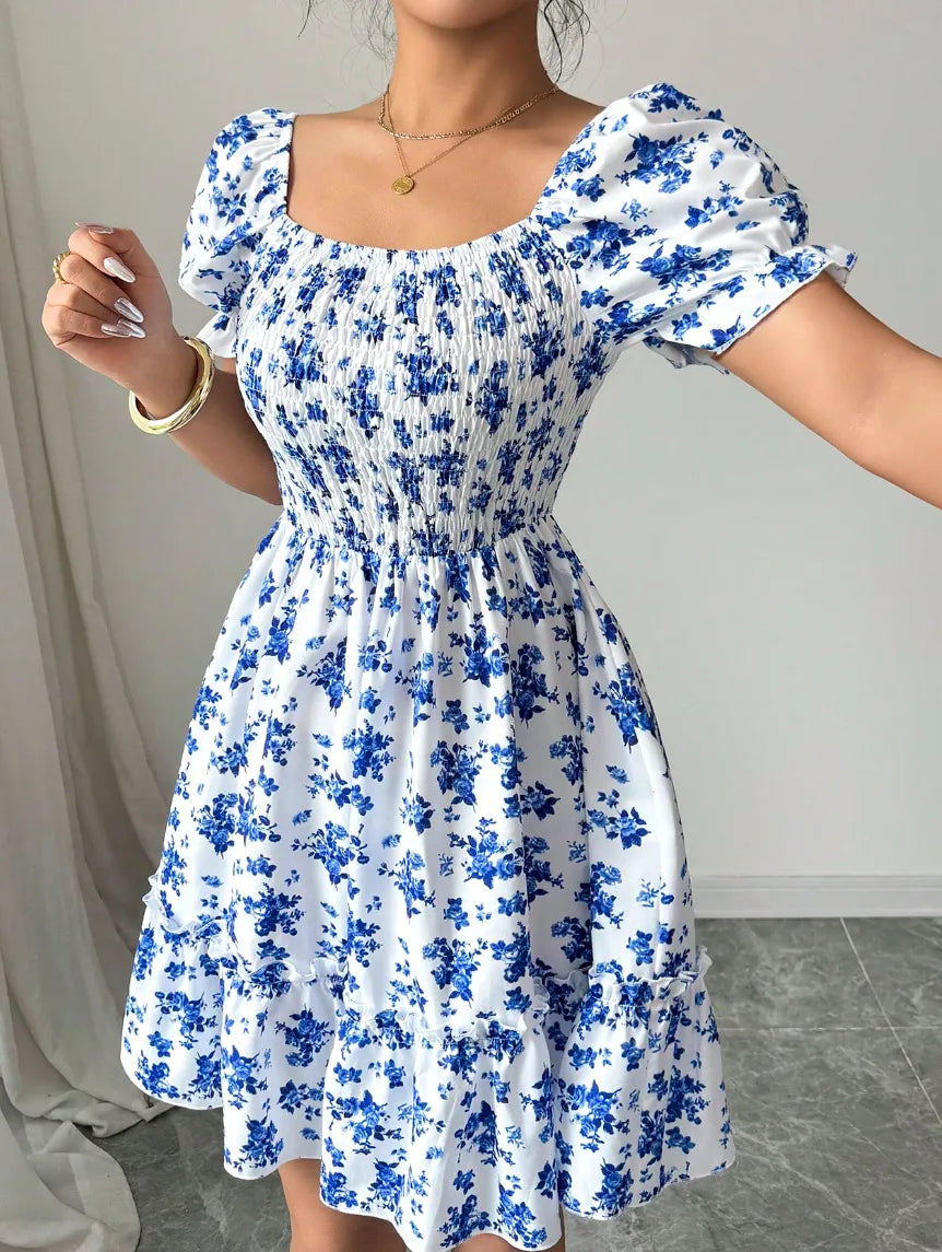 Women's floral summer dress with puff sleeves and smocked bodice 2