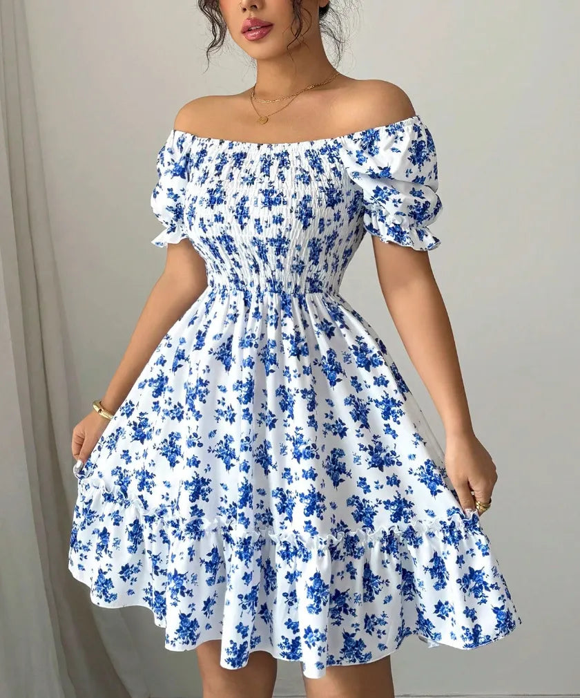Women's floral summer dress with puff sleeves and smocked bodice 3