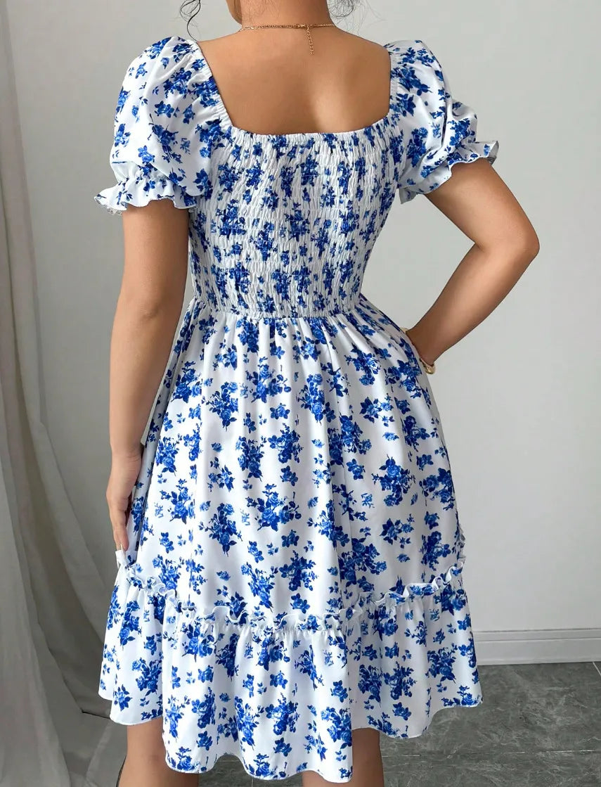 Women's floral summer dress with puff sleeves and smocked bodice 4