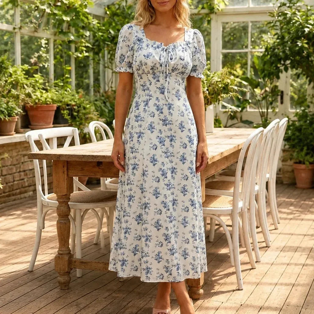 Women's floral summer dress with puff sleeves and square neck 1
