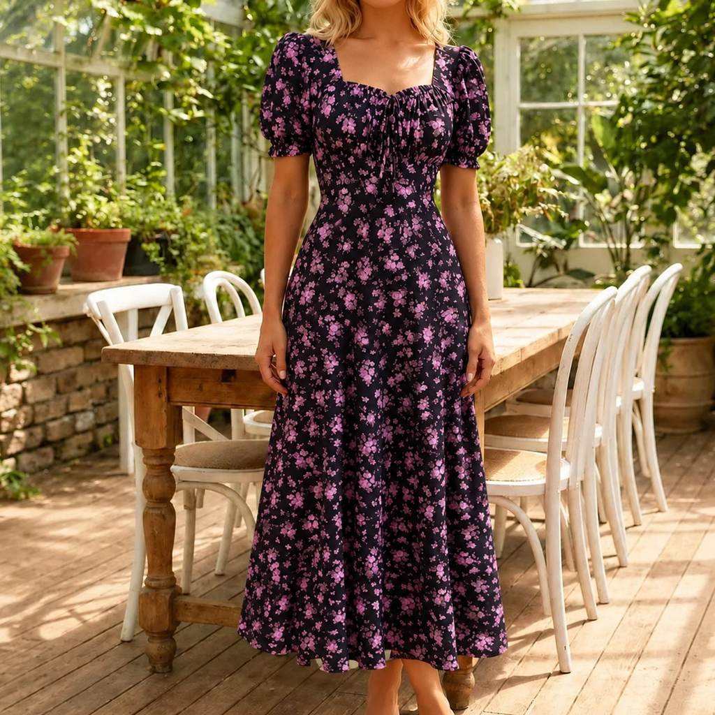 Women's floral summer dress with puff sleeves and square neck 2