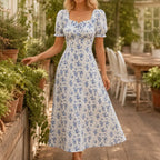 Women's floral summer dress with puff sleeves and square neck 3