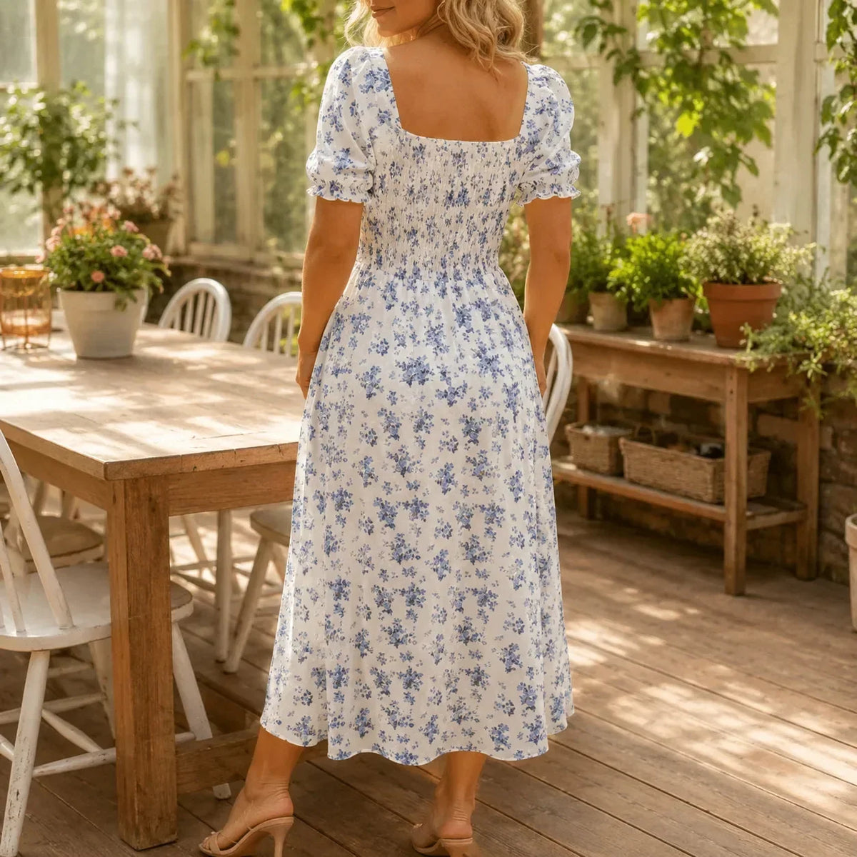 Women's floral summer dress with puff sleeves and square neck 4