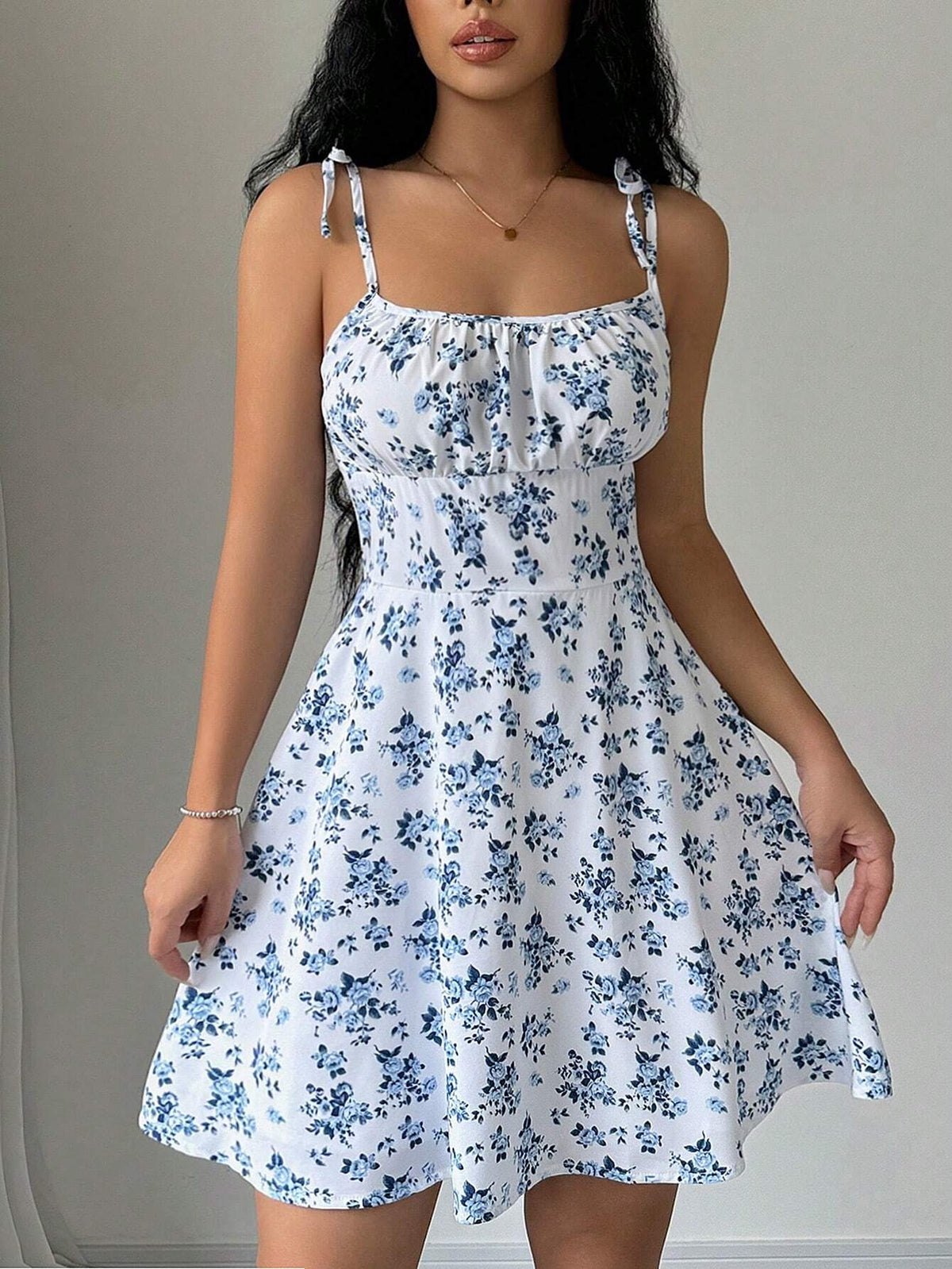 Women's floral summer dress with ruched bust and thin straps 1