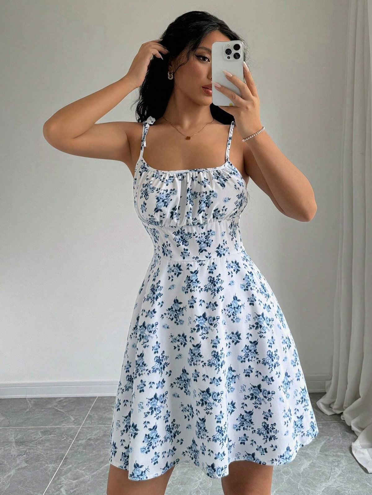 Women's floral summer dress with ruched bust and thin straps 6