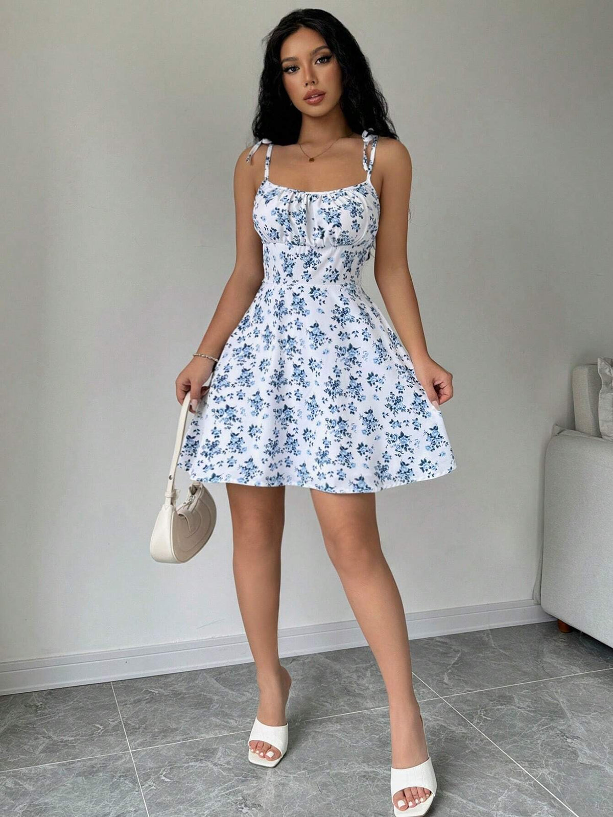 Women's floral summer dress with ruched bust and thin straps 7