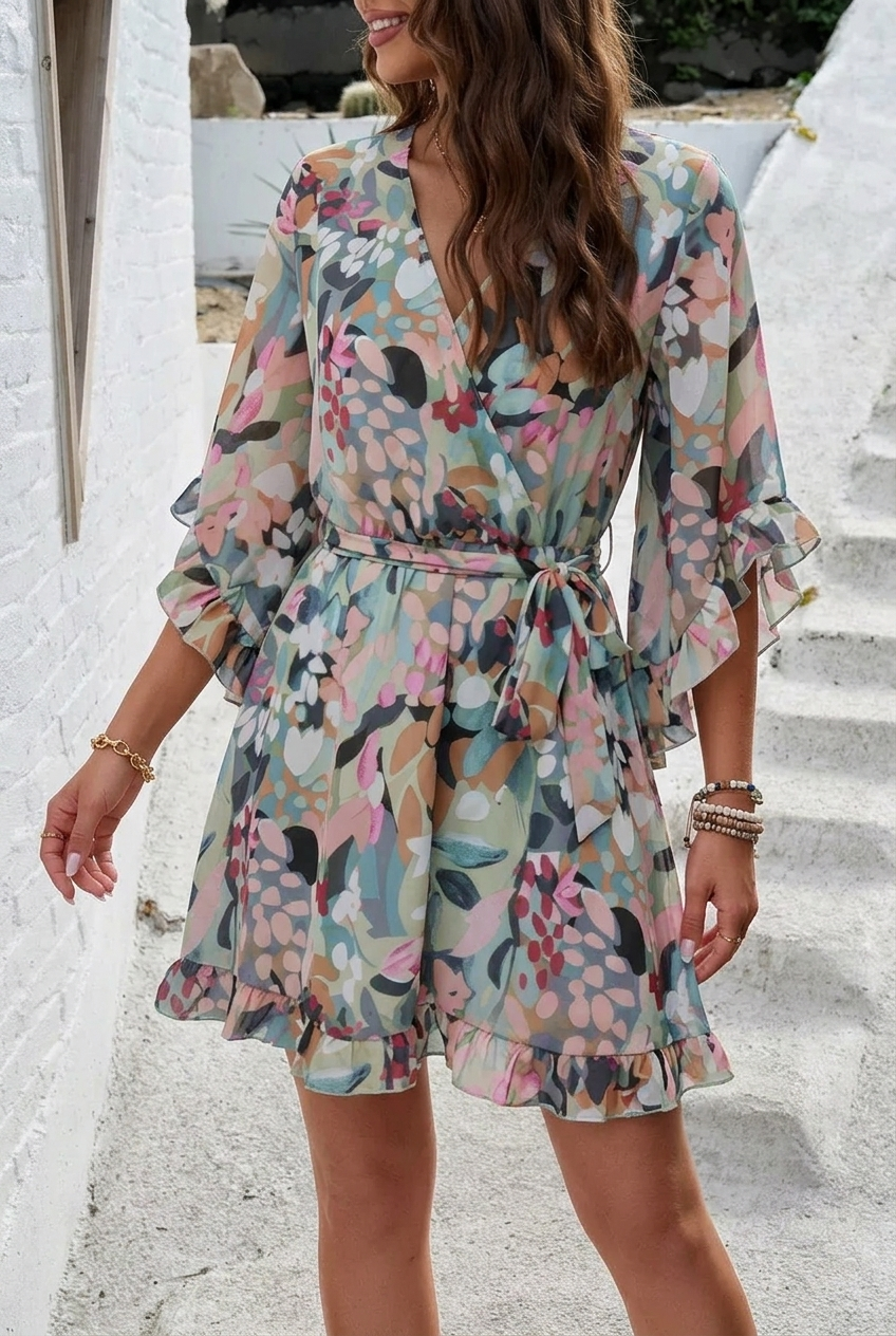 Women's floral summer dress with wrap front and flare sleeves 2