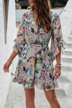 Women's floral summer dress with wrap front and flare sleeves 2