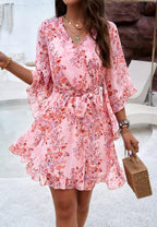 Women's floral summer dress with wrap front and flare sleeves 3
