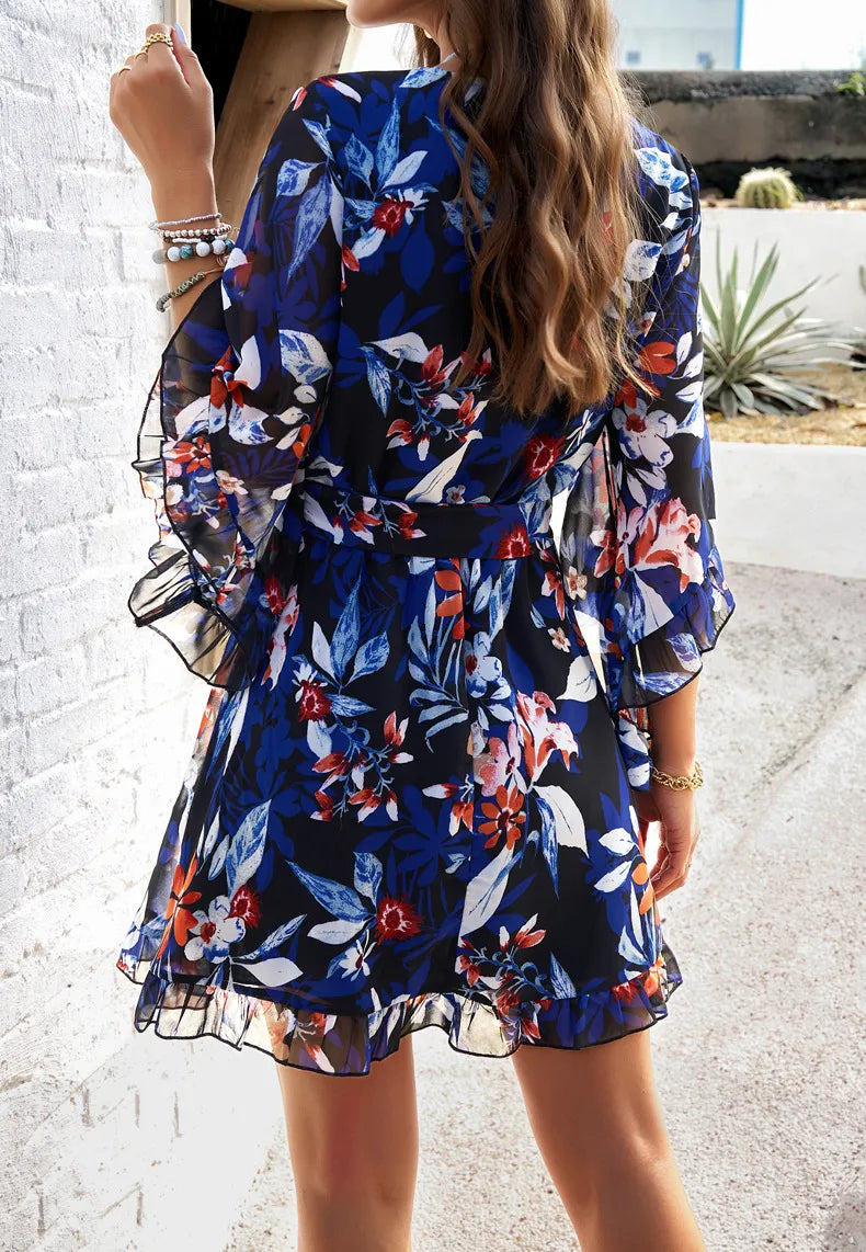 Women's floral summer dress with wrap front and flare sleeves 4