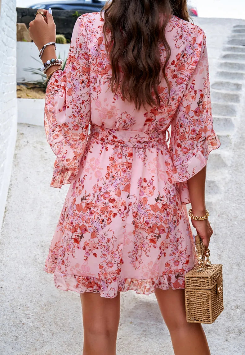 Women's floral summer dress with wrap front and flare sleeves 6