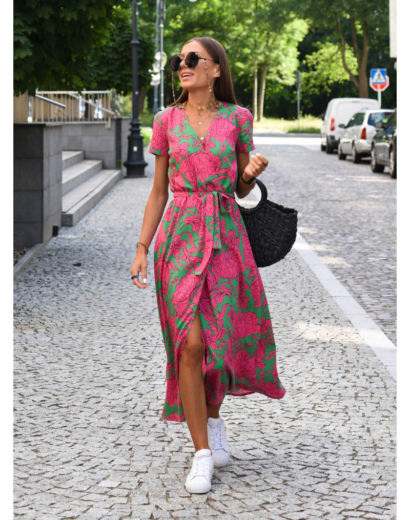Women's floral summer wrap dress with V-neck and short sleeves 1