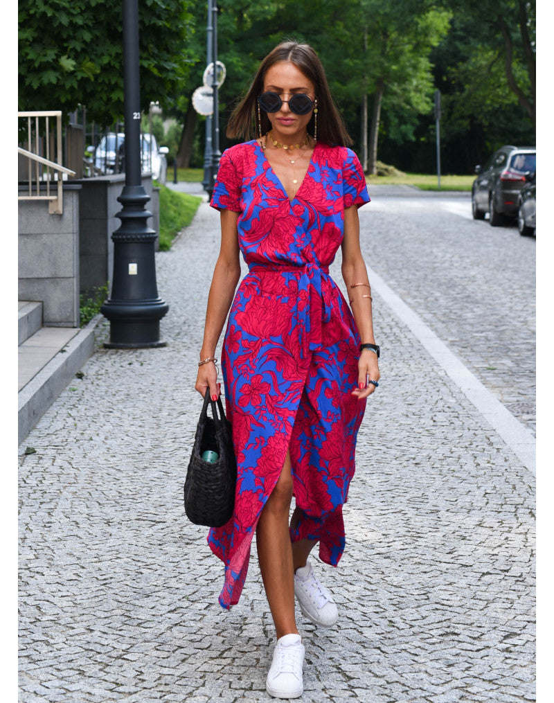 Women's floral summer wrap dress with V-neck and short sleeves 2