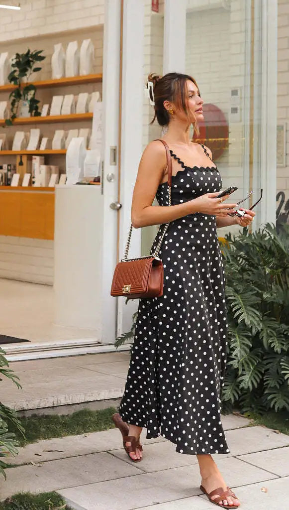 Women's formal sundress with polka dot print and midi skirt 5