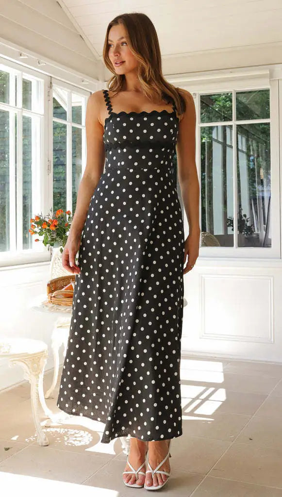 Women's formal sundress with polka dot print and midi skirt 6