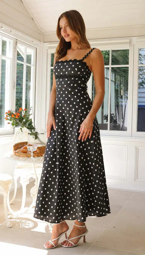 Women's formal sundress with polka dot print and midi skirt 7