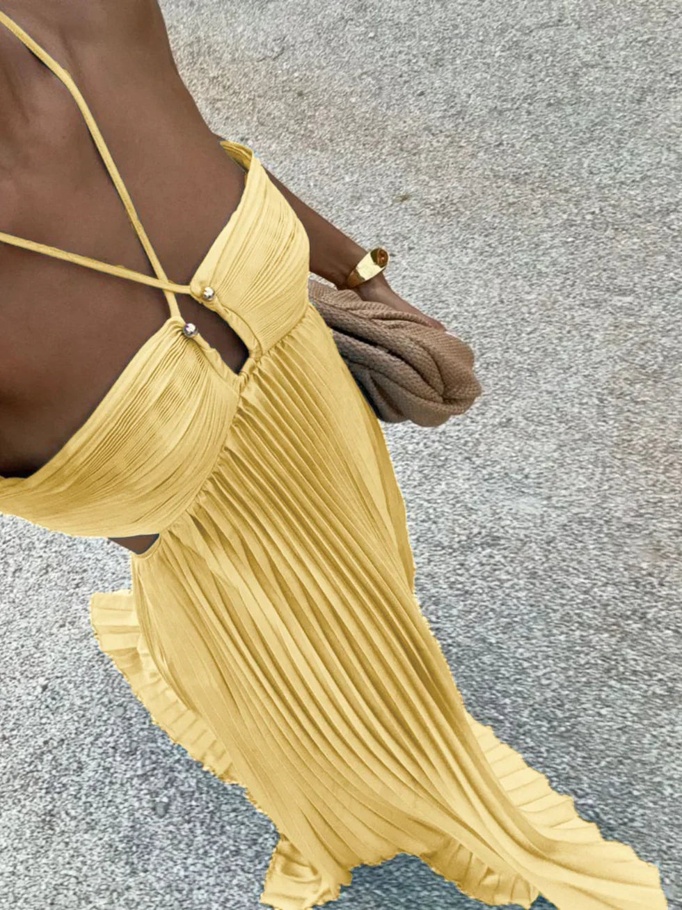 Women's halter neck pleated maxi dress with high waist and side cut-outs 1