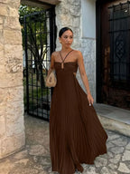Women's halter neck pleated maxi dress with high waist and side cut-outs 2
