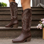 Women's knee-high cowboy boots with scrollwork embroidery 1