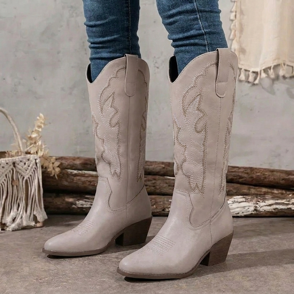Women's knee-high cowboy boots with scrollwork embroidery 10