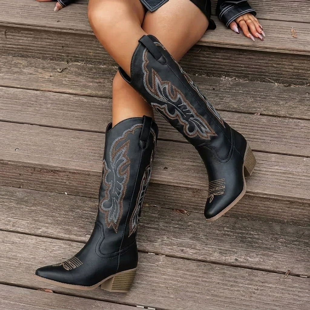 Women's knee-high cowboy boots with scrollwork embroidery 12
