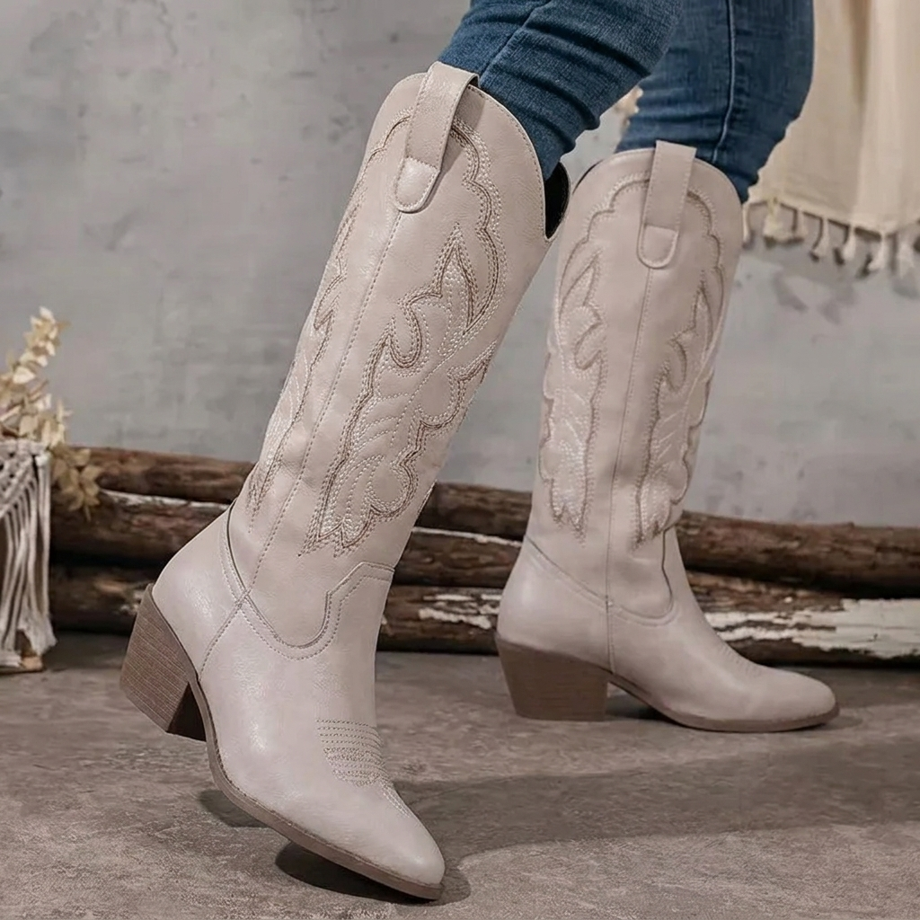 Women's knee-high cowboy boots with scrollwork embroidery 2