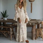 Women's lace maxi dress with V-neck and bell sleeves 1