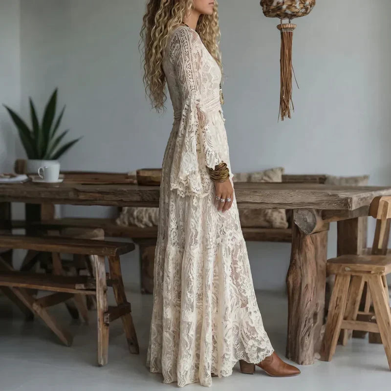 Women's lace maxi dress with V-neck and bell sleeves 3