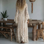 Women's lace maxi dress with V-neck and bell sleeves 4