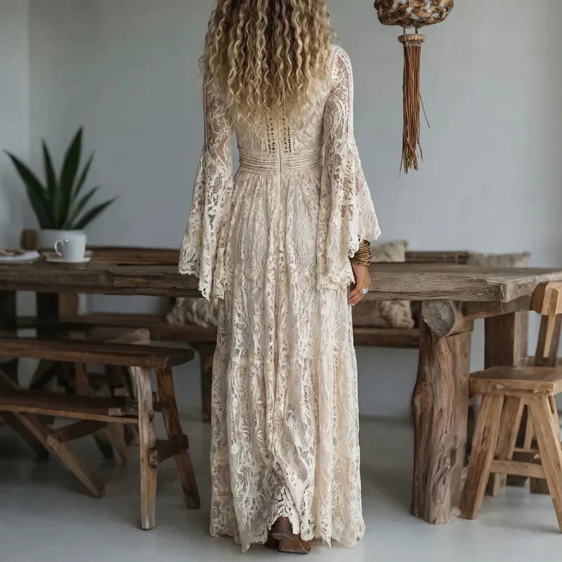Women's lace maxi dress with V-neck and bell sleeves 4