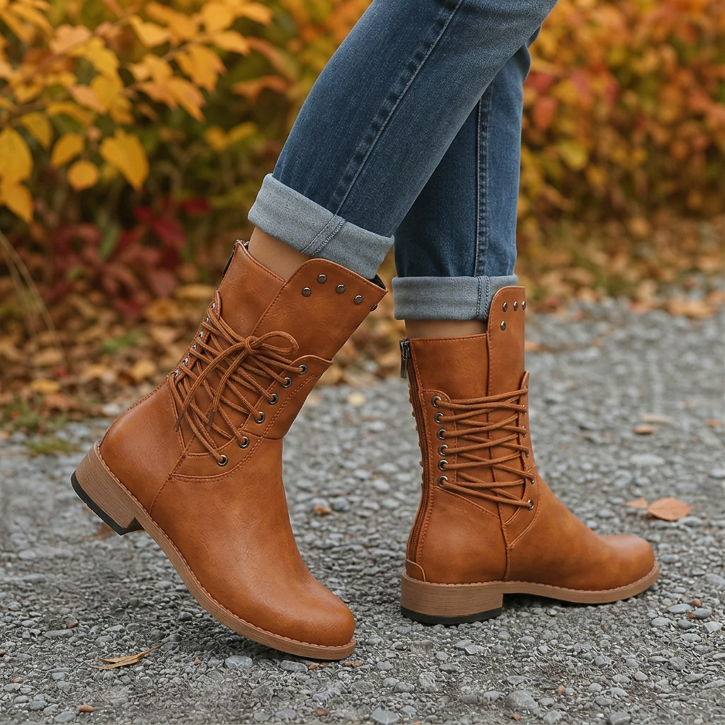 Women's lace-up boots with side zip and low block heel 1