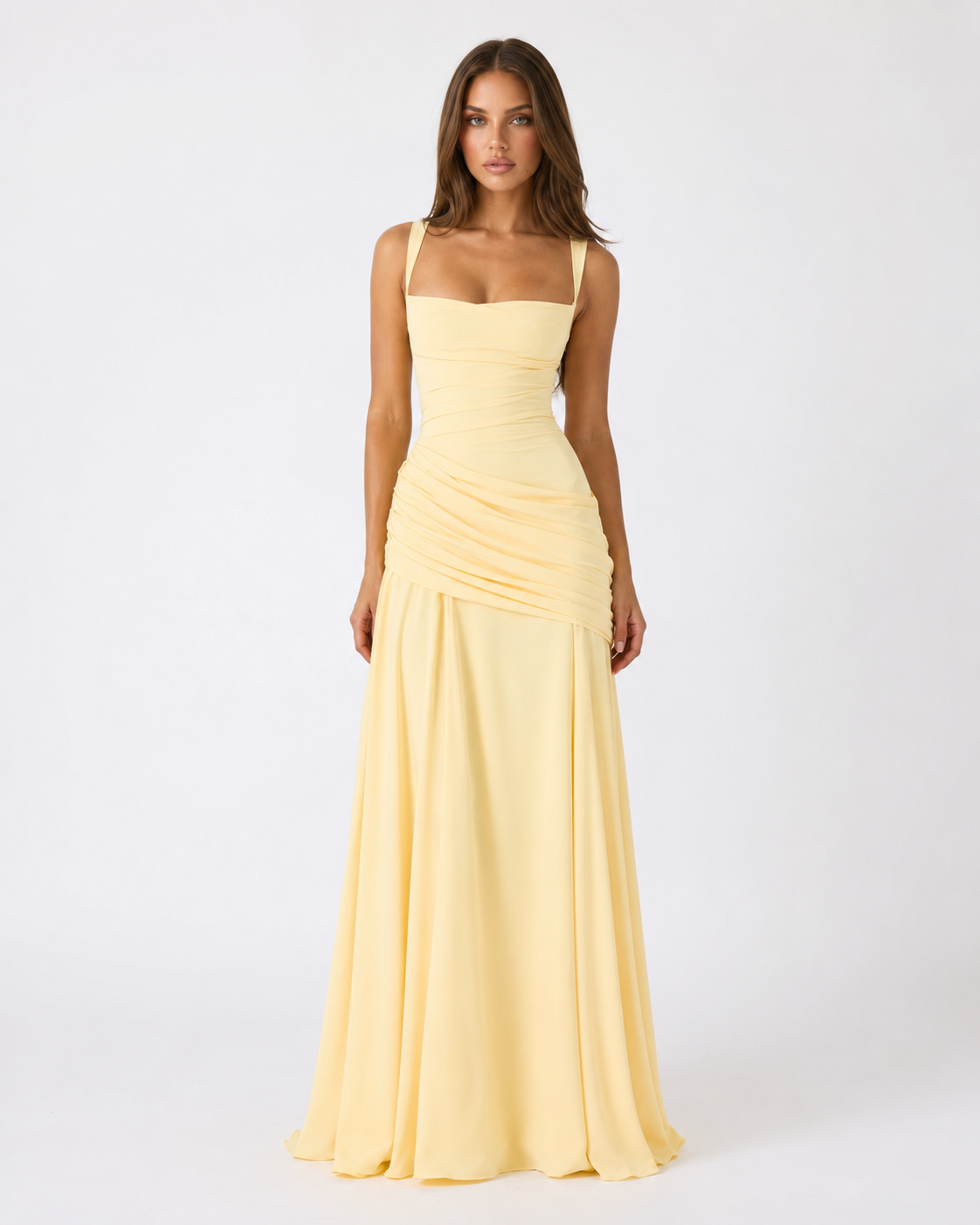 Women's maxi dress with square neck and side drape 1