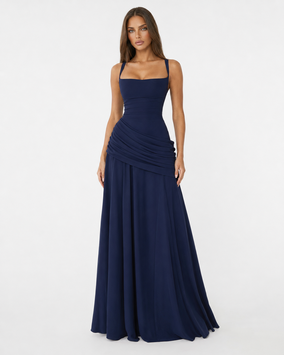 Women's maxi dress with square neck and side drape 2