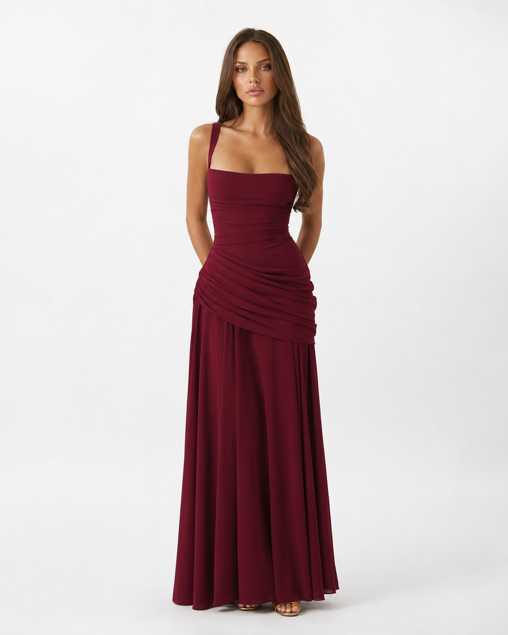 Women's maxi dress with square neck and side drape 3