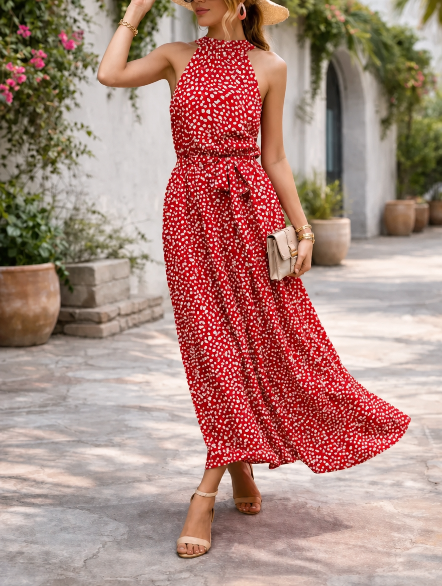 Women's maxi sundress with polka dot print and halter neck 1