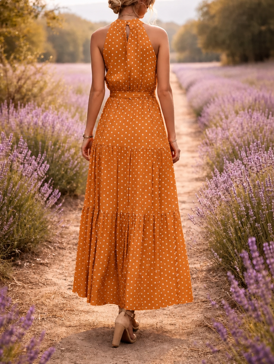 Women's maxi sundress with polka dot print and halter neck 10