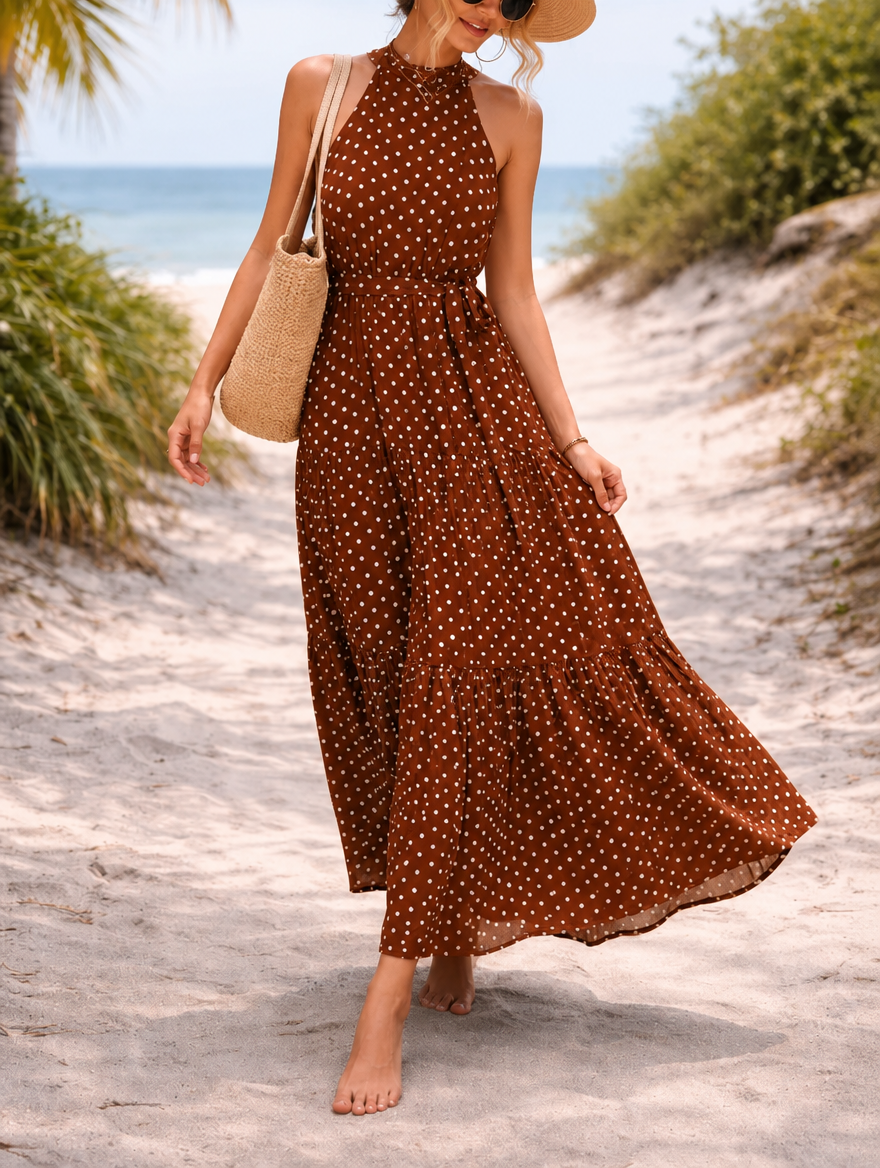 Women's maxi sundress with polka dot print and halter neck 2