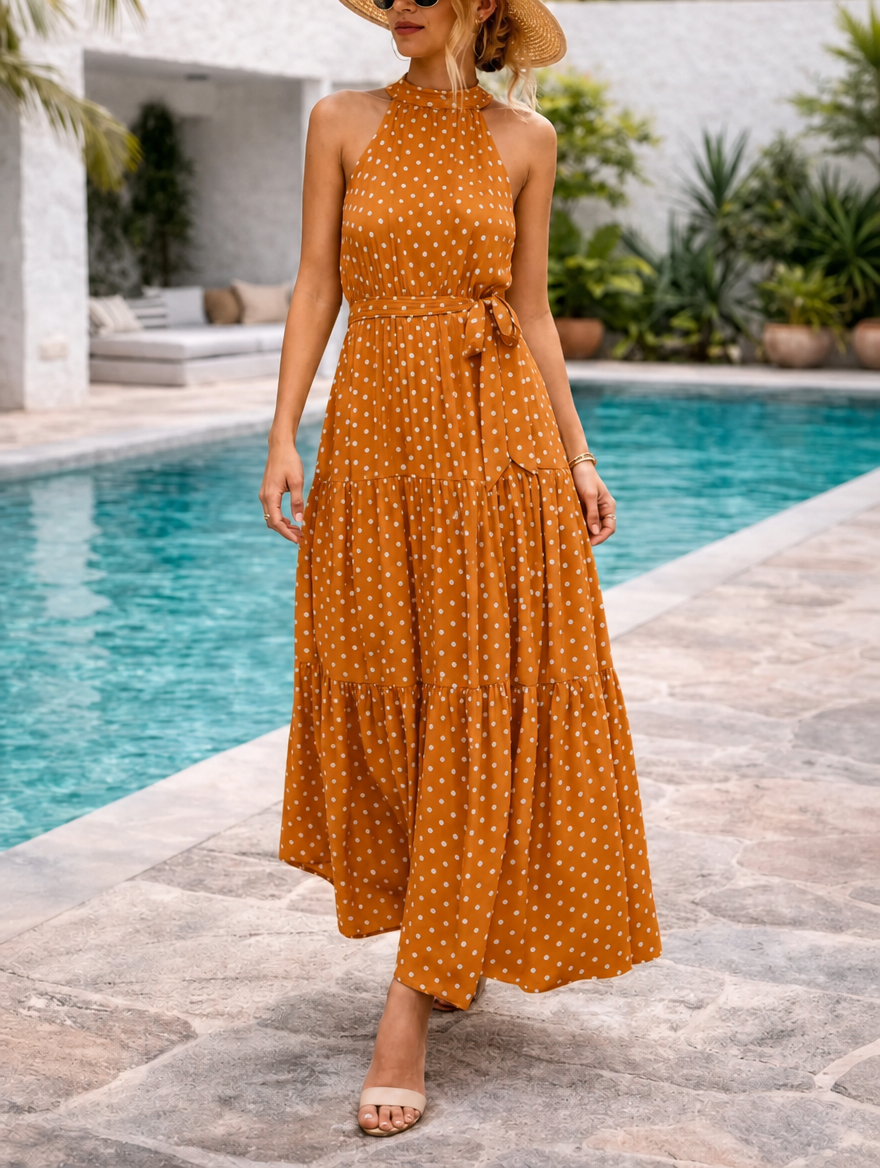 Women's maxi sundress with polka dot print and halter neck 5