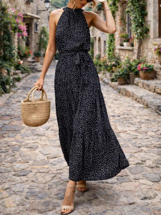Women's maxi sundress with polka dot print and halter neck 6