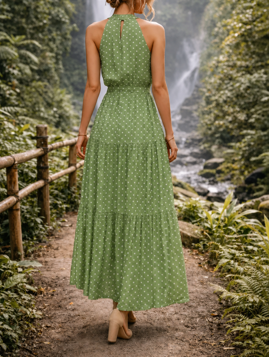 Women's maxi sundress with polka dot print and halter neck 9