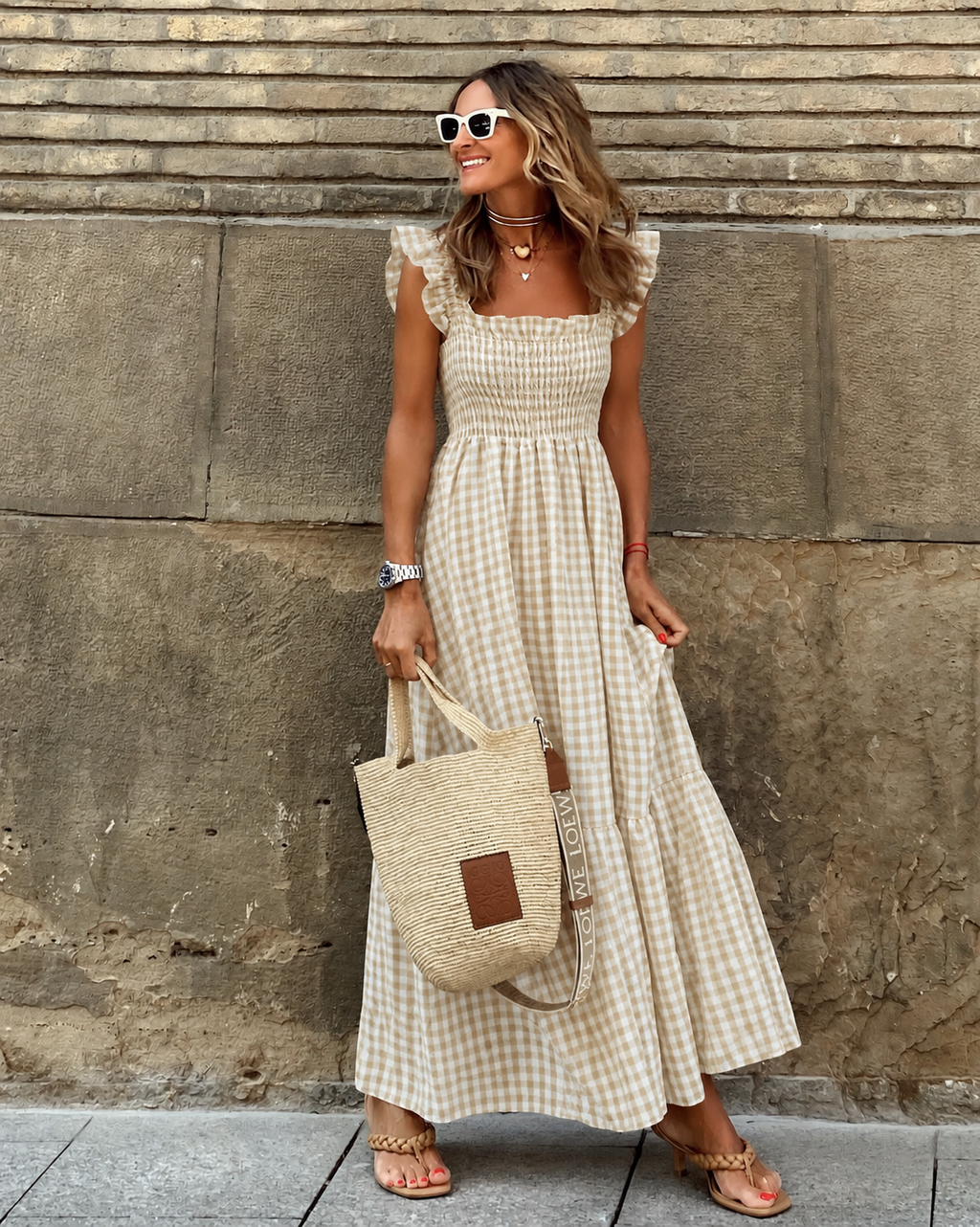 Women's maxi sundress with smocked bodice and gingham print 1