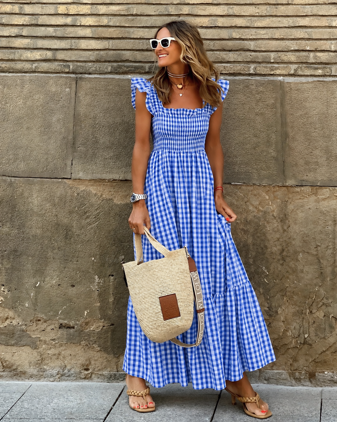 Women's maxi sundress with smocked bodice and gingham print 2