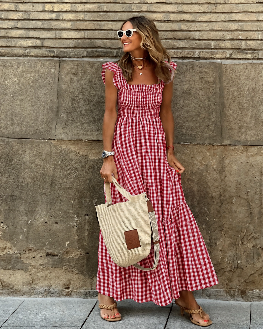 Women's maxi sundress with smocked bodice and gingham print 4