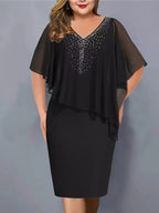 Women's midi dress with V-neck and chiffon cape overlay 1