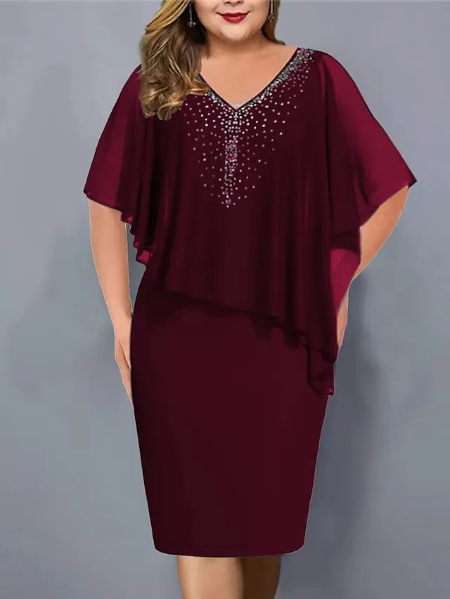 Women's midi dress with V-neck and chiffon cape overlay 2