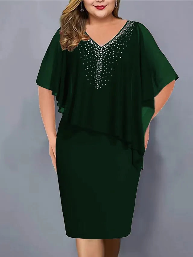 Women's midi dress with V-neck and chiffon cape overlay 3