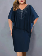 Women's midi dress with V-neck and chiffon cape overlay 4