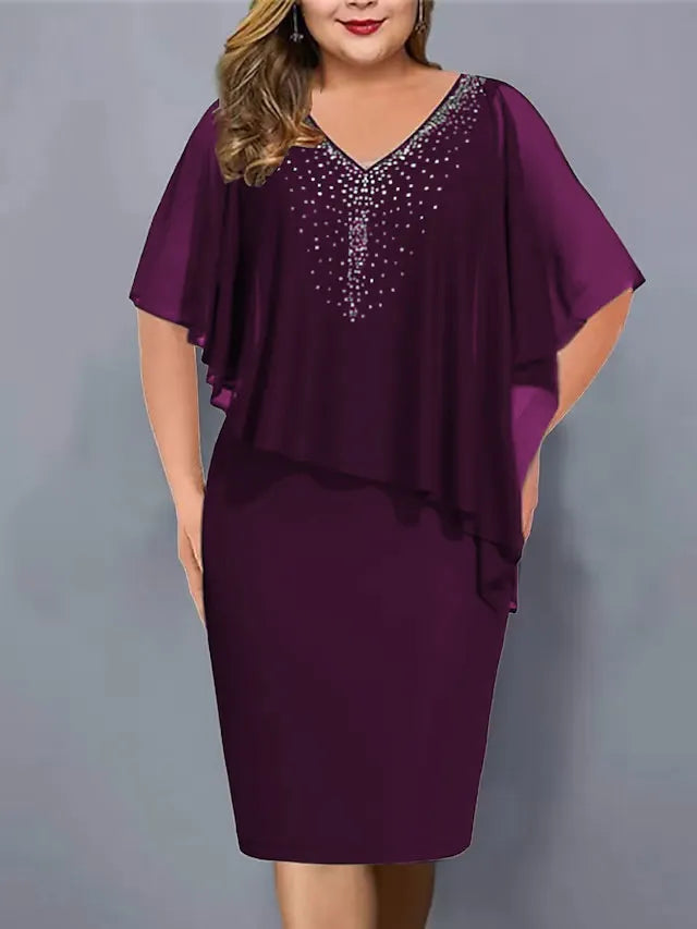 Women's midi dress with V-neck and chiffon cape overlay 5