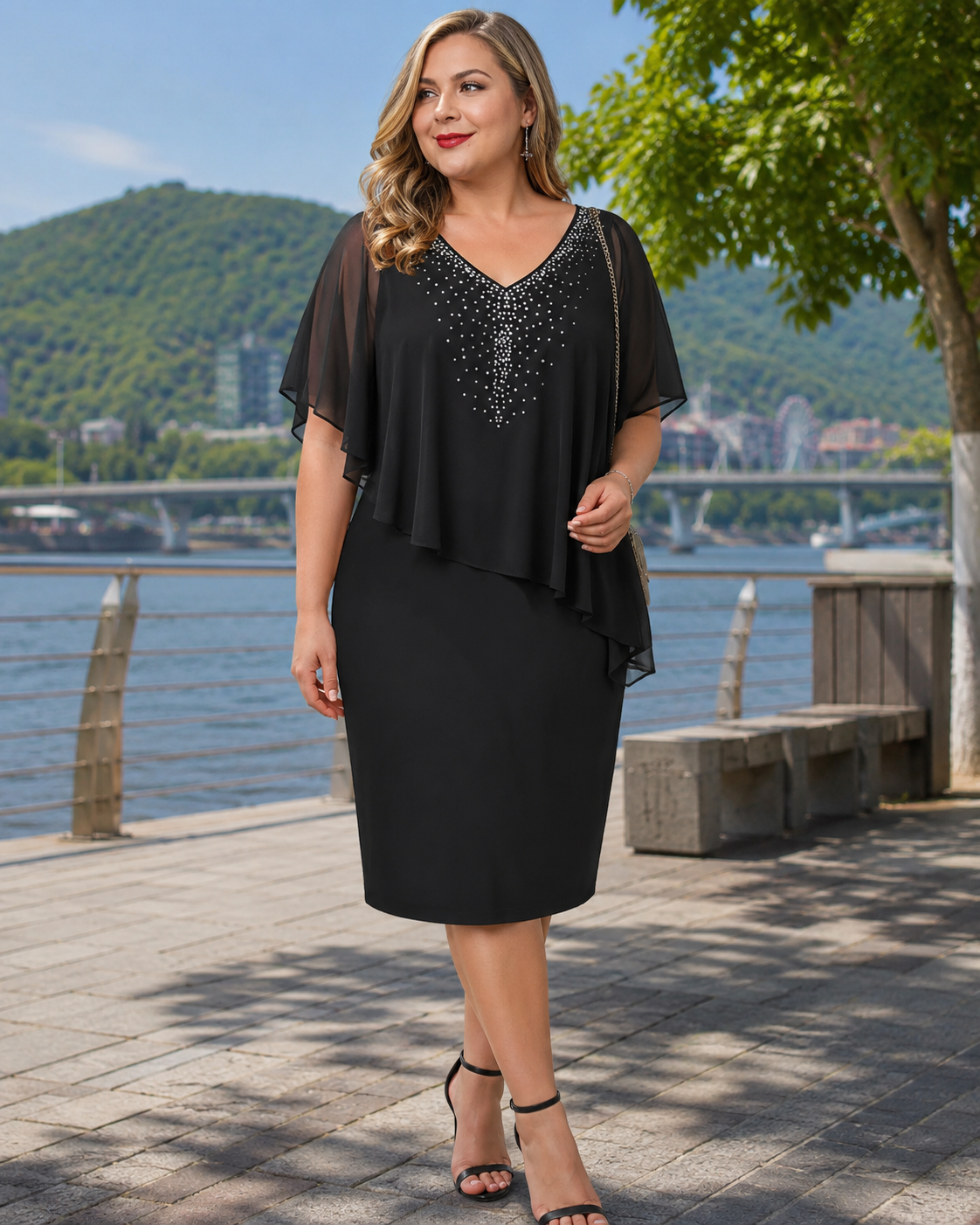 Women's midi dress with V-neck and chiffon cape overlay 6