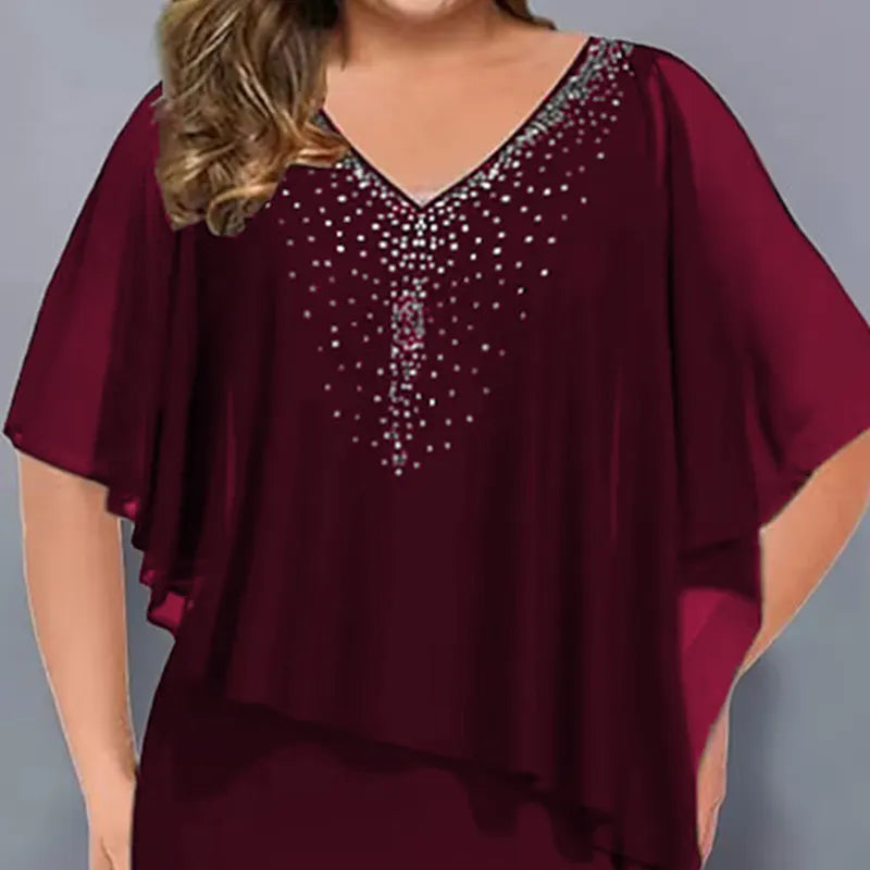 Women's midi dress with V-neck and chiffon cape overlay 7